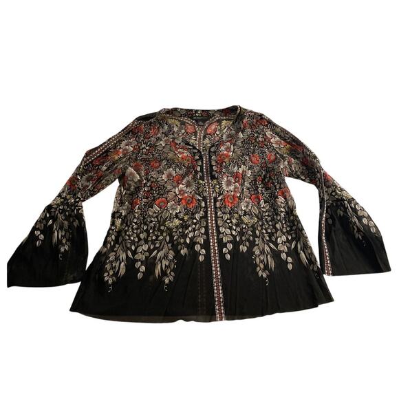 Boho Floral Embroidered Bell Sleeve Black Blouse INC International Concepts 1X - Picture 2 of 5